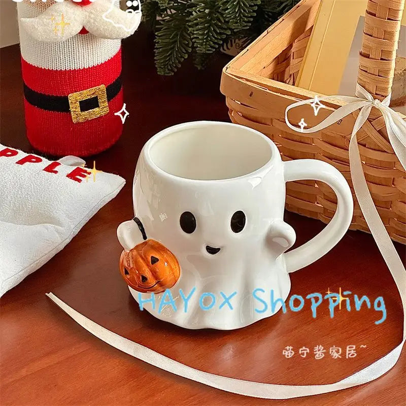 Cute Ghost Water Cup，Creative Pumpkin Ghost Ceramic Mug Afternoon Tea Coffee Cup，Milk Mug Household Drinking Set Halloween Gift