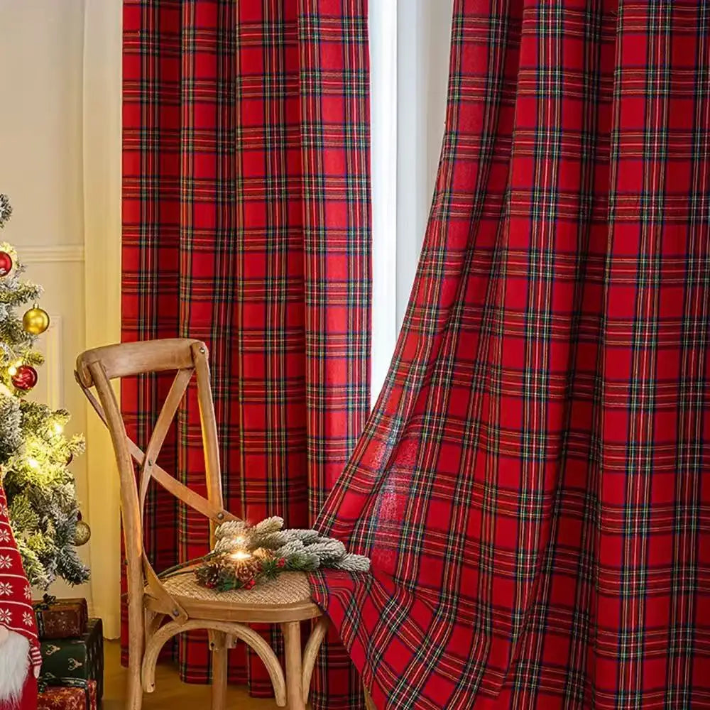 1pc Christmas Red Plaid Curtain Festive Window Decor for Holiday Kitchen Dining Room Dropshipping