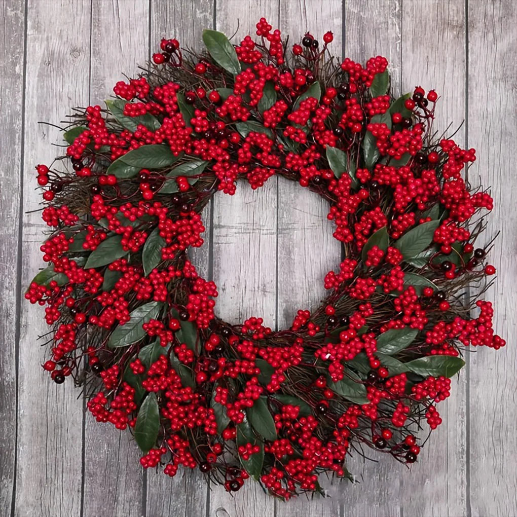 2025 New Christmas Decoration Wreaths for Front Door Handmade Cypress Leaf Red Berry Pine Wreath Xmas Home Wall Window Decor