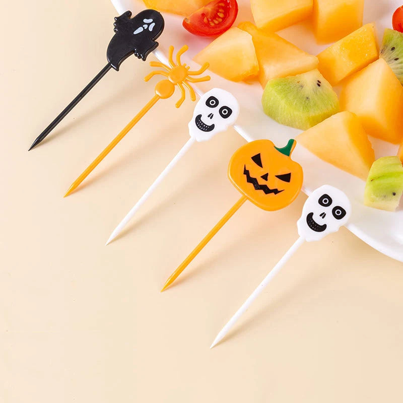 10pcs Halloween Fruit Fork Cartoon Children Cake Dessert Pick Toothpick Lunch Pick Food Fork Bento Party Decoration Random Style