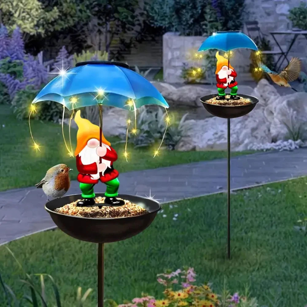 1/2PCS Elf Statue Solar Automatic Bird Feeder with Warm White Solar String Light Outdoor Garden Decor Bird Feeder for Patio Lawn