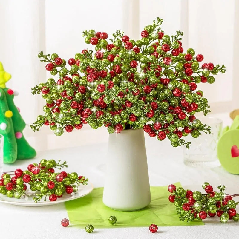 10Pcs Christmas Sparkling Berry Stem 8in Red Green Artificial Holly Berry Xmas Tree Hanging Decoration for Navidad Wreath Craft