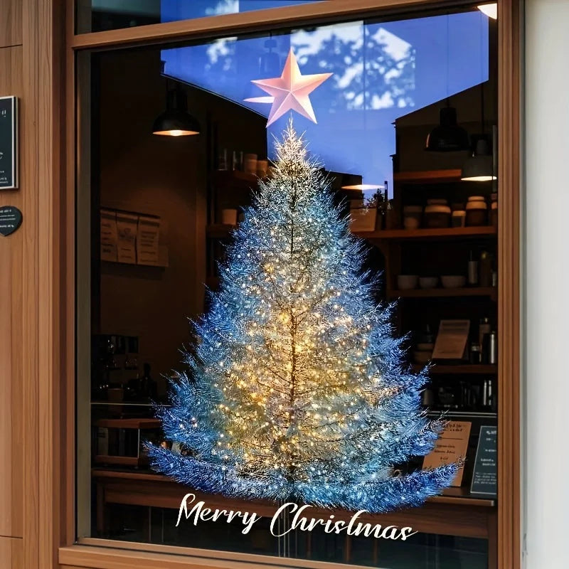 Big Size Christmas Tree Glass Window Stickers Blue Pine Needle Xmas Tree Electrostatic Decals Store Window Display Decoration