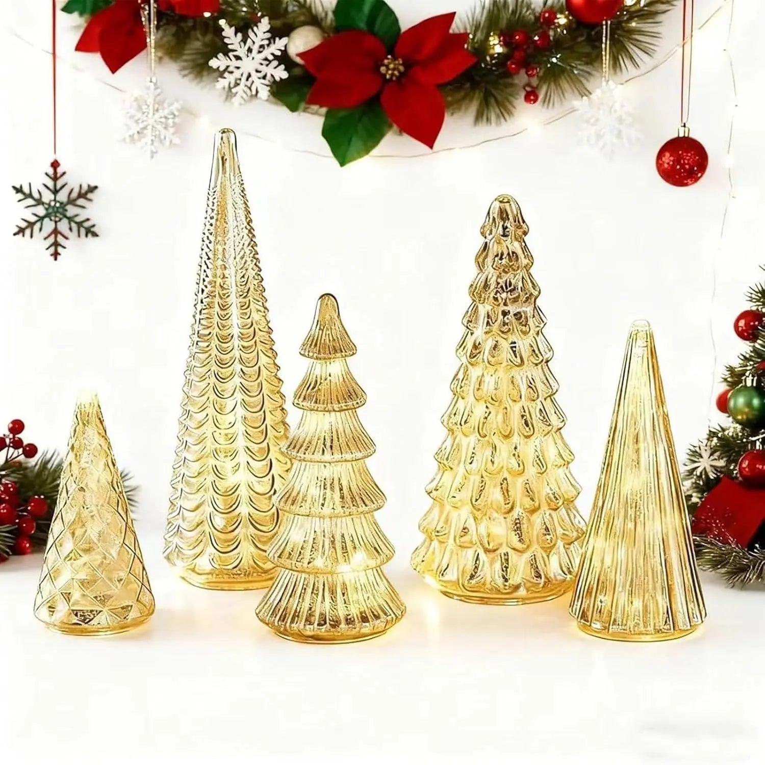 Set of 5 3D Printing Illuminated Trees, Upgrade Christmas Trees LED, Gold Tree Figurine for Home Party Mantel Decor Xmas Gift