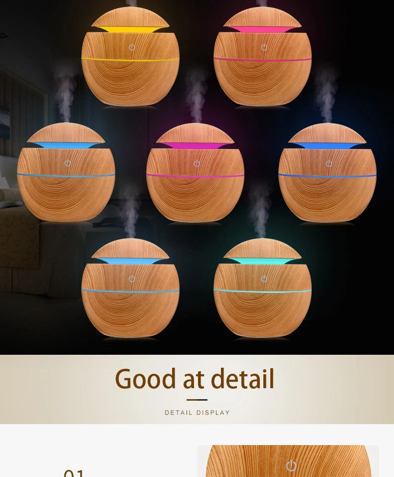 200ml USB Small Ball 7 Colorful Light Bass Noise Reduction Mushroom Humidifier Mini Wood Grain Round Hollow Aroma Diffuser