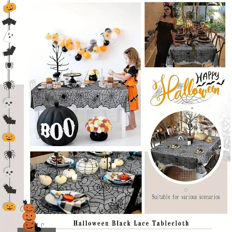 Black Lace Spider Web Tablecloth - Halloween Decoration,Suitable for Fireplace,Fireplace Rack,Kitchen,and Party Table Decoration