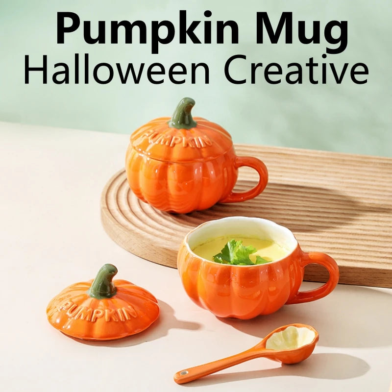 Pumpkin Mug Ceramic Cup with Spoon Halloween Creative with Handle Scalding-proof Cute Style Breakfast Milk Cups Coffee Mug