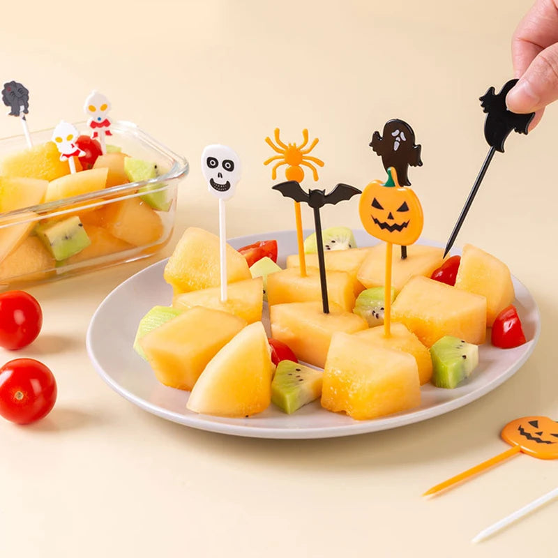 10pcs Halloween Fruit Fork Cartoon Children Cake Dessert Pick Toothpick Lunch Pick Food Fork Bento Party Decoration Random Style
