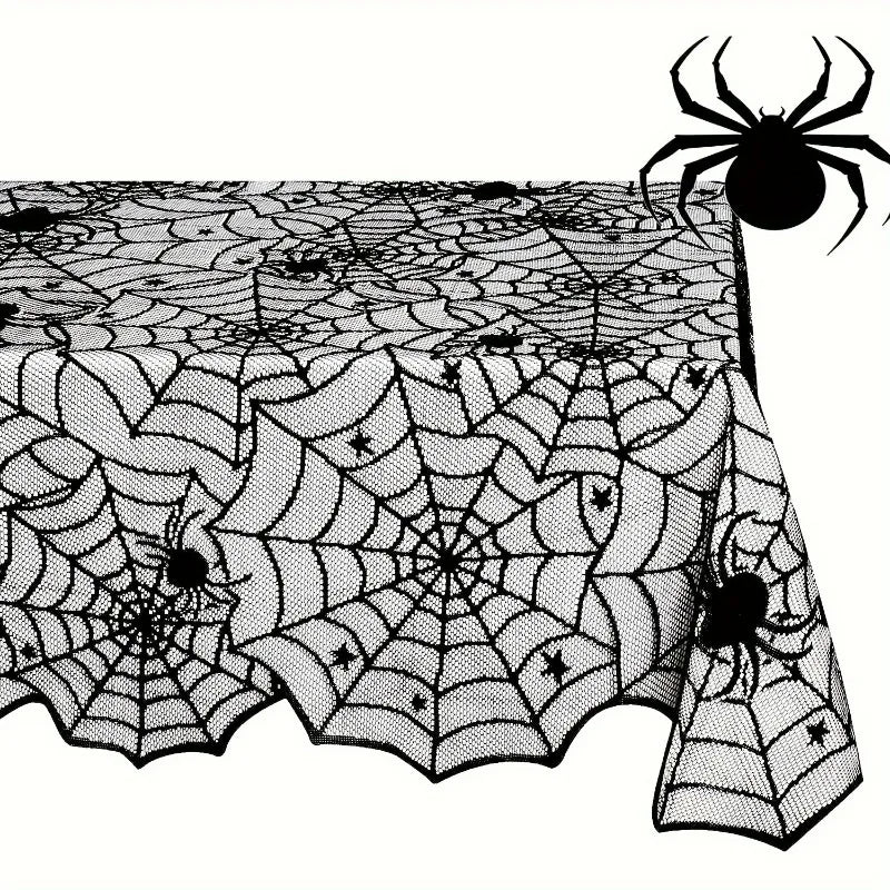 Black Lace Spider Web Tablecloth - Halloween Decoration,Suitable for Fireplace,Fireplace Rack,Kitchen,and Party Table Decoration