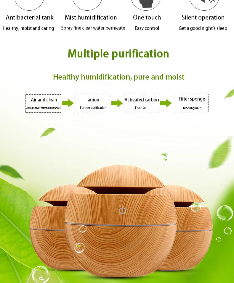 200ml USB Small Ball 7 Colorful Light Bass Noise Reduction Mushroom Humidifier Mini Wood Grain Round Hollow Aroma Diffuser