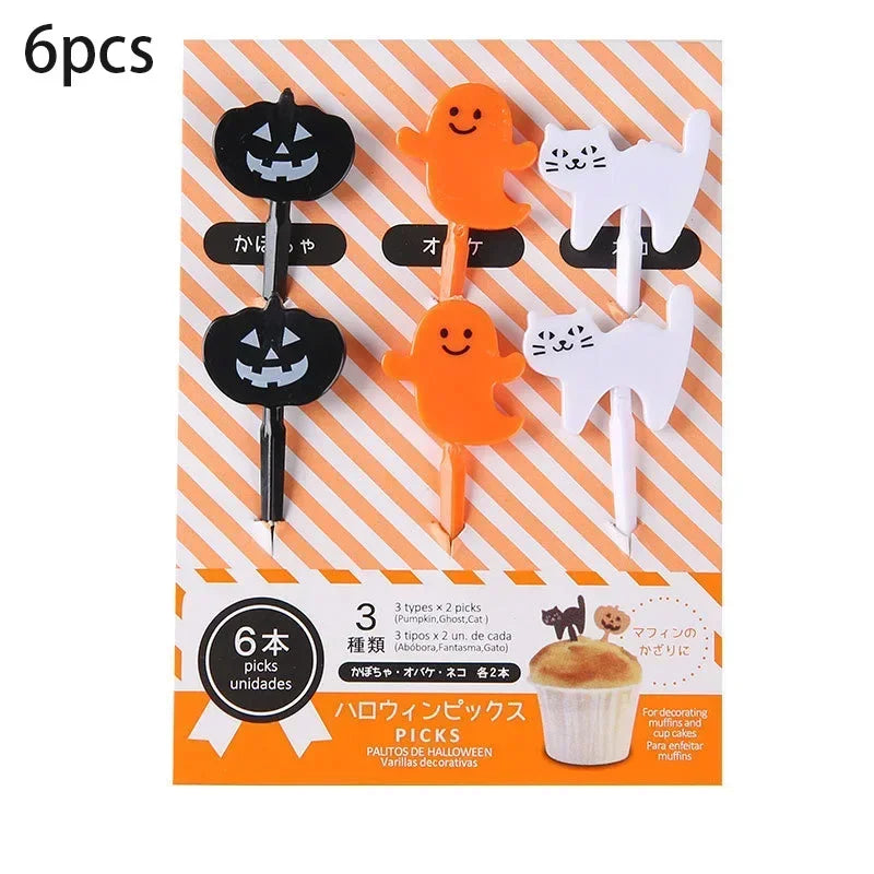 Halloween Series Plastic Fruit Fork Set Cute Cartoon Shape Cake Dessert Forks Decorations Children Lunches Toothpick Supplies