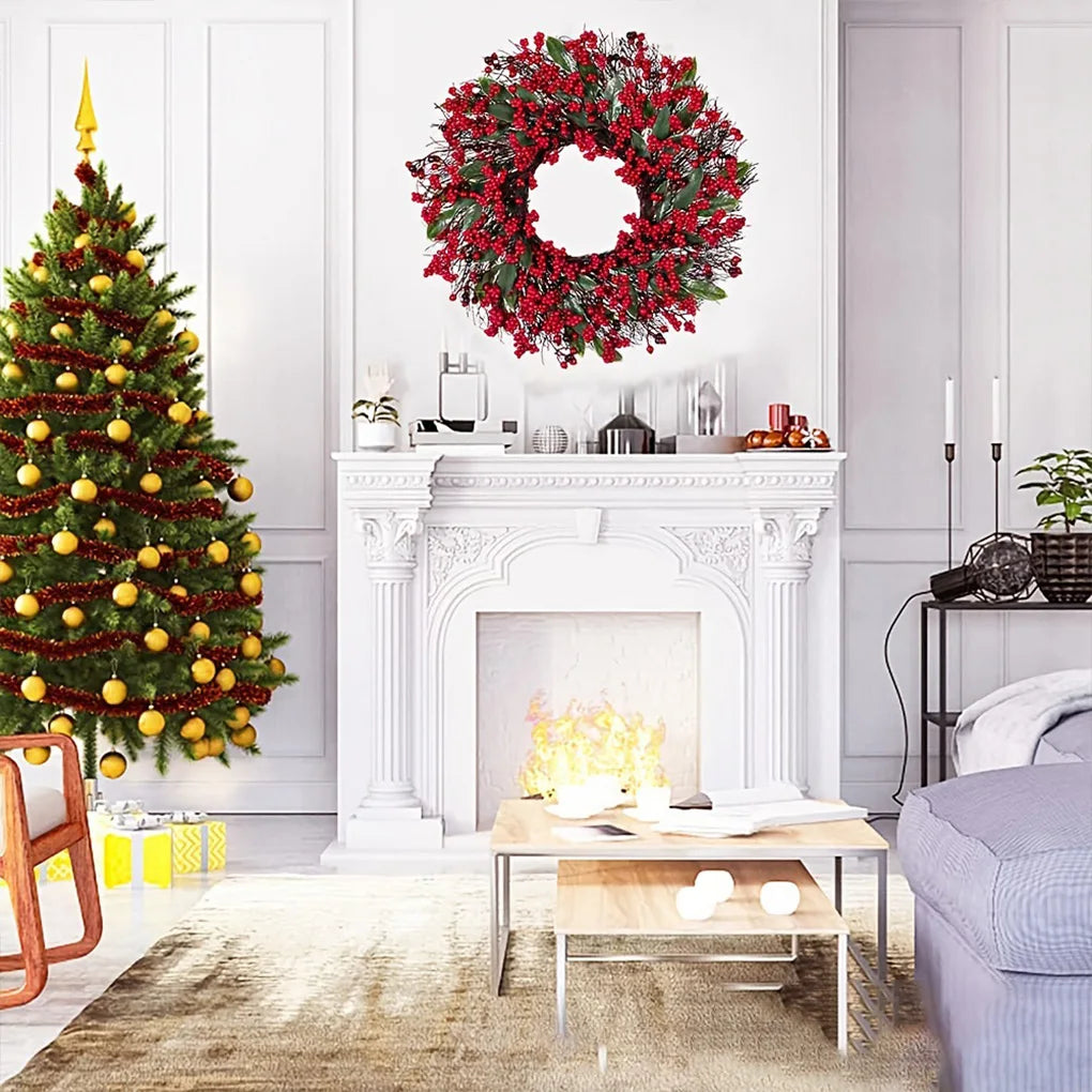 2025 New Christmas Decoration Wreaths for Front Door Handmade Cypress Leaf Red Berry Pine Wreath Xmas Home Wall Window Decor