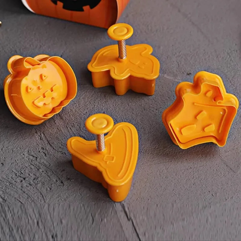 4pcs Halloween Pumpkin Ghost Theme Plastic Cookie Cutter Plunger Fondant Chocolate Mold Cake Decorating Tools