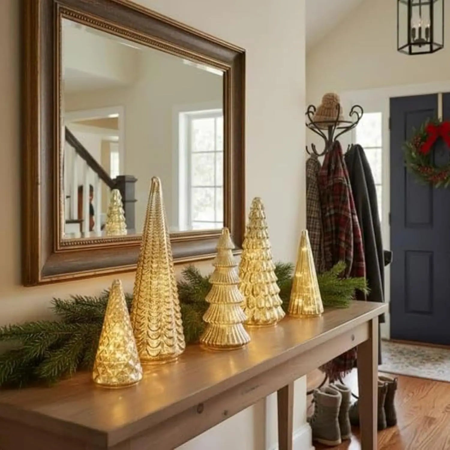 Set of 5 3D Printing Illuminated Trees, Upgrade Christmas Trees LED, Gold Tree Figurine for Home Party Mantel Decor Xmas Gift