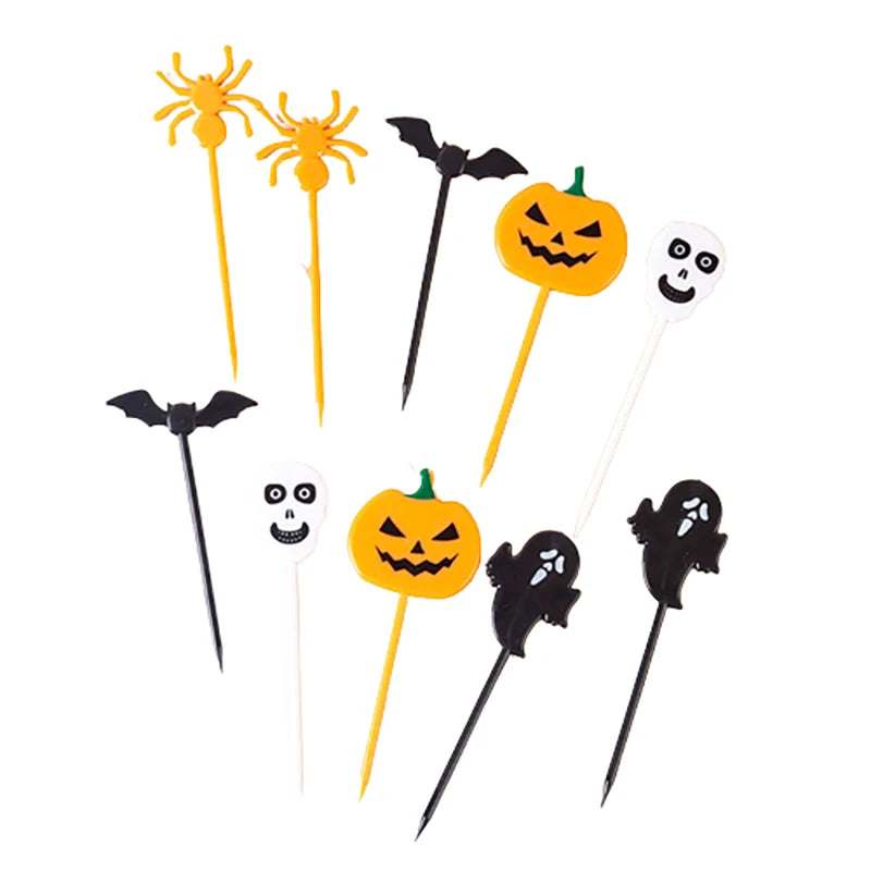 10pcs Halloween Fruit Fork Cartoon Children Cake Dessert Pick Toothpick Lunch Pick Food Fork Bento Party Decoration Random Style