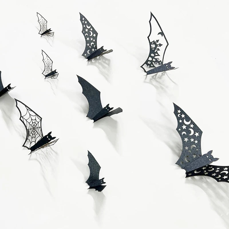 12PCS 3D Bat Wall Stickers Various Size Black Hollow Out Bat Shaped Display Sticker Halloween Festive Atmosphere Decoration ZYF