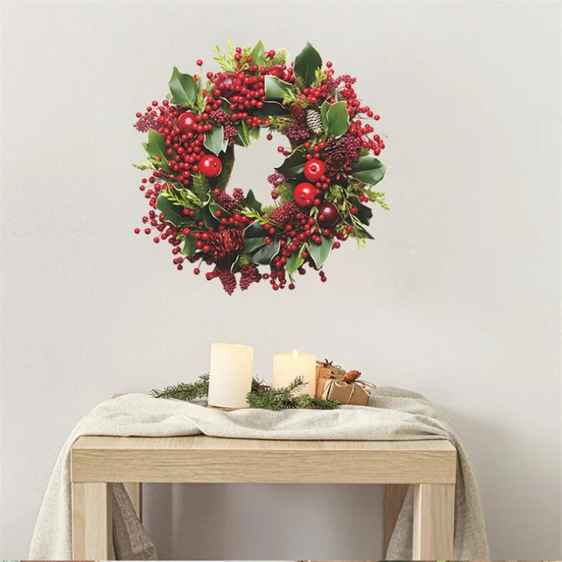 Merry Christmas Wreath Wall Stickers Self-adhesive PVC Red Berry Garland Wallpaper for Home Room 2025 Happy New Year Wall Decor