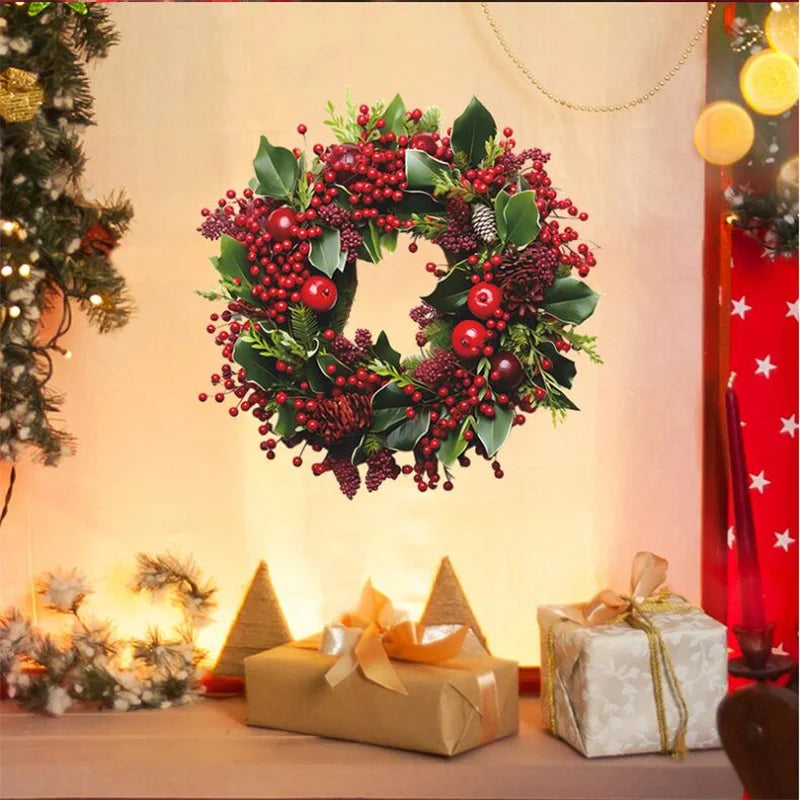 Merry Christmas Wreath Wall Stickers Self-adhesive PVC Red Berry Garland Wallpaper for Home Room 2025 Happy New Year Wall Decor