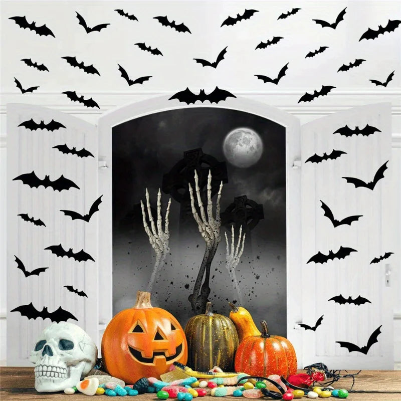 3D Black PVC Bats Wall Decals - Halloween Party Supplies Stick-on Scary Bat Stickers for Home and Bar Room Decor wall stickers