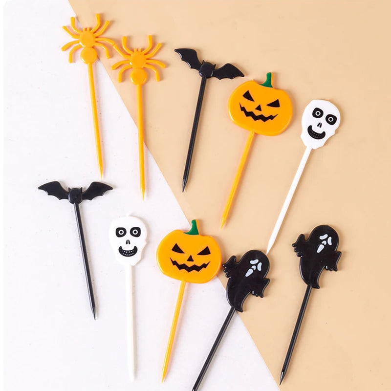 10pcs Halloween Fruit Fork Cartoon Children Cake Dessert Pick Toothpick Lunch Pick Food Fork Bento Party Decoration Random Style