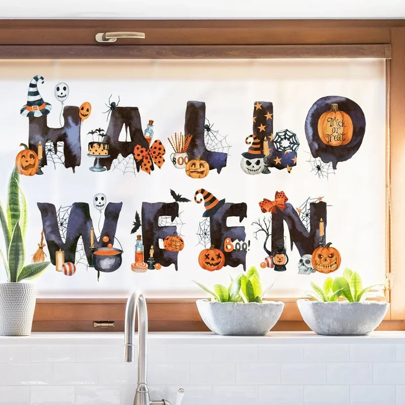 Halloween Letters Wall Stickers Self-adhesive PVC Pumpkin Head Happy Halloween Pattern Wall Decals for Home Festival Decoration