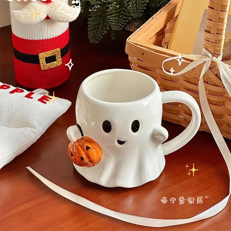 Cute Ghost Water Cup，Creative Pumpkin Ghost Ceramic Mug Afternoon Tea Coffee Cup，Milk Mug Household Drinking Set Halloween Gift