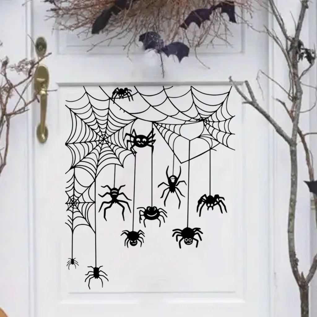 Halloween Wall Sticker Spooky Halloween Door Topper Wall Sticker Set Witch Ghost Black Cat Spiderweb Pumpkin Window for Festive