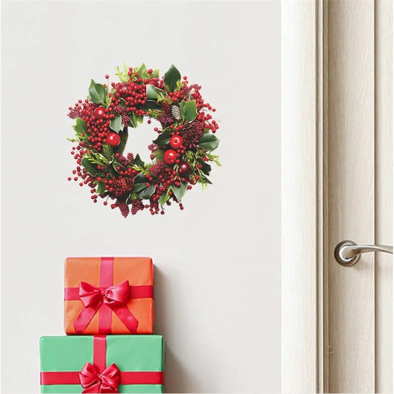 Merry Christmas Wreath Wall Stickers Self-adhesive PVC Red Berry Garland Wallpaper for Home Room 2025 Happy New Year Wall Decor