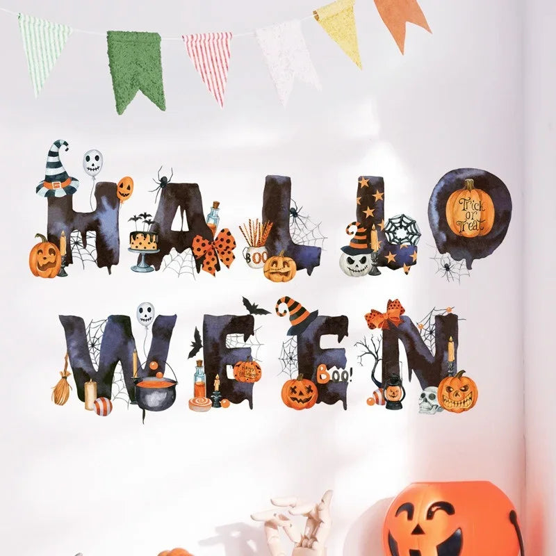 Halloween Letters Wall Stickers Self-adhesive PVC Pumpkin Head Happy Halloween Pattern Wall Decals for Home Festival Decoration