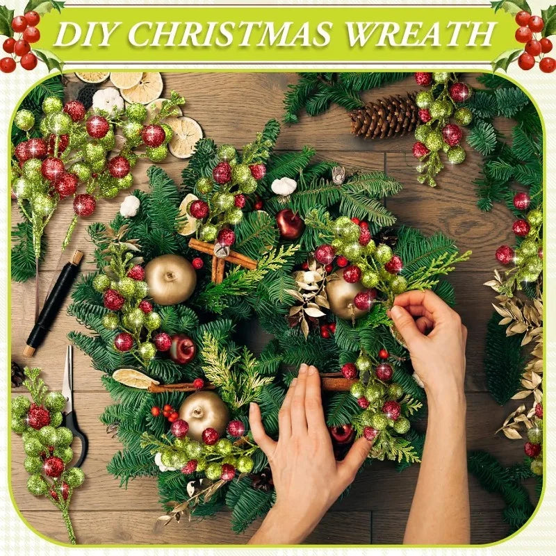 10Pcs Christmas Sparkling Berry Stem 8in Red Green Artificial Holly Berry Xmas Tree Hanging Decoration for Navidad Wreath Craft