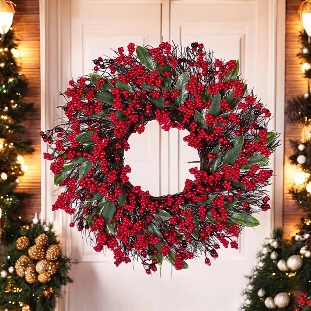 2025 New Christmas Decoration Wreaths for Front Door Handmade Cypress Leaf Red Berry Pine Wreath Xmas Home Wall Window Decor