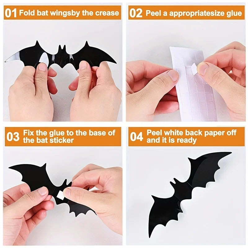 3D Black PVC Bats Wall Decals - Halloween Party Supplies Stick-on Scary Bat Stickers for Home and Bar Room Decor wall stickers