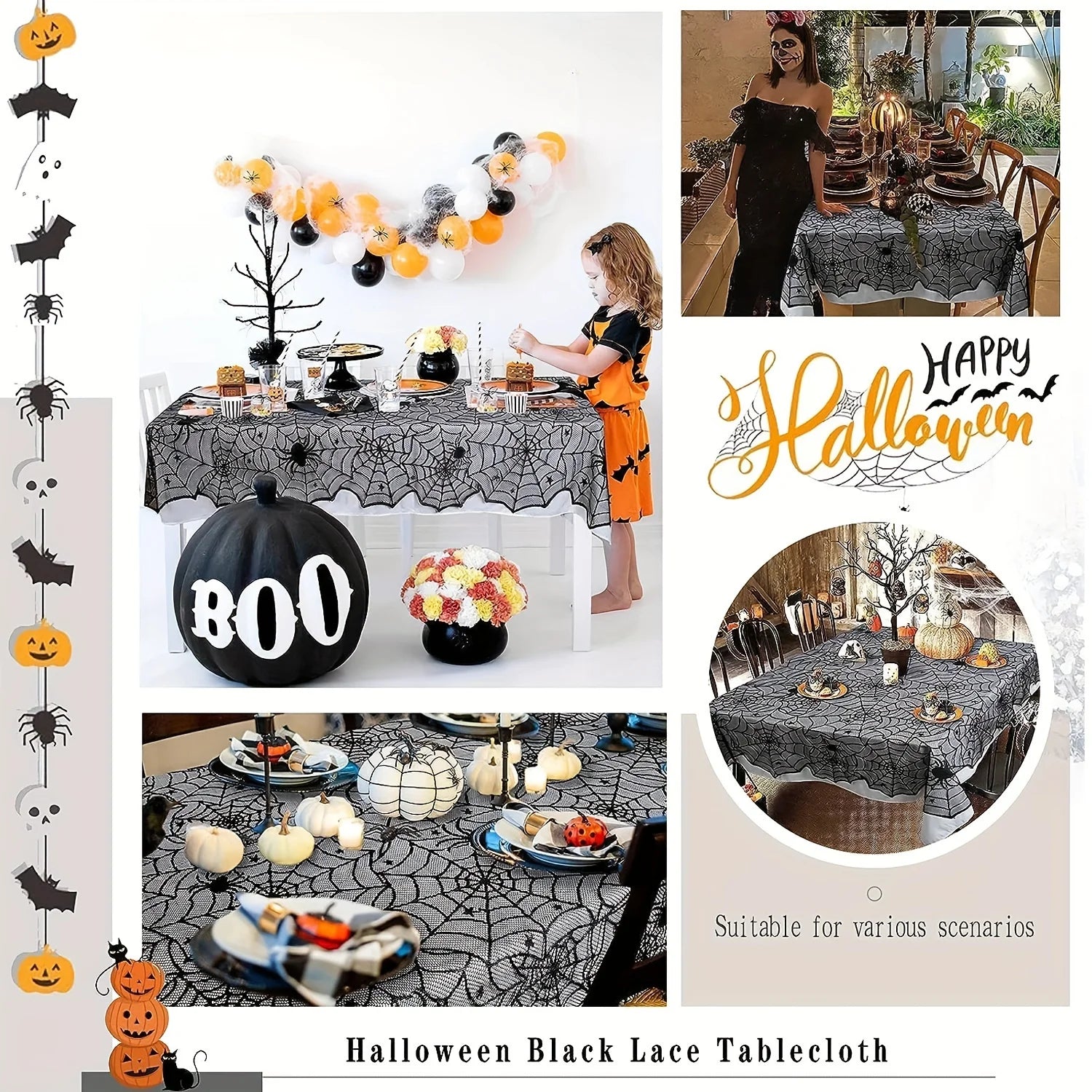 Halloween Spiderweb Tablecloth Black Lace Cobweb Decor with Spiders for Fireplace Mantle Kitchen Party Table Decorations
