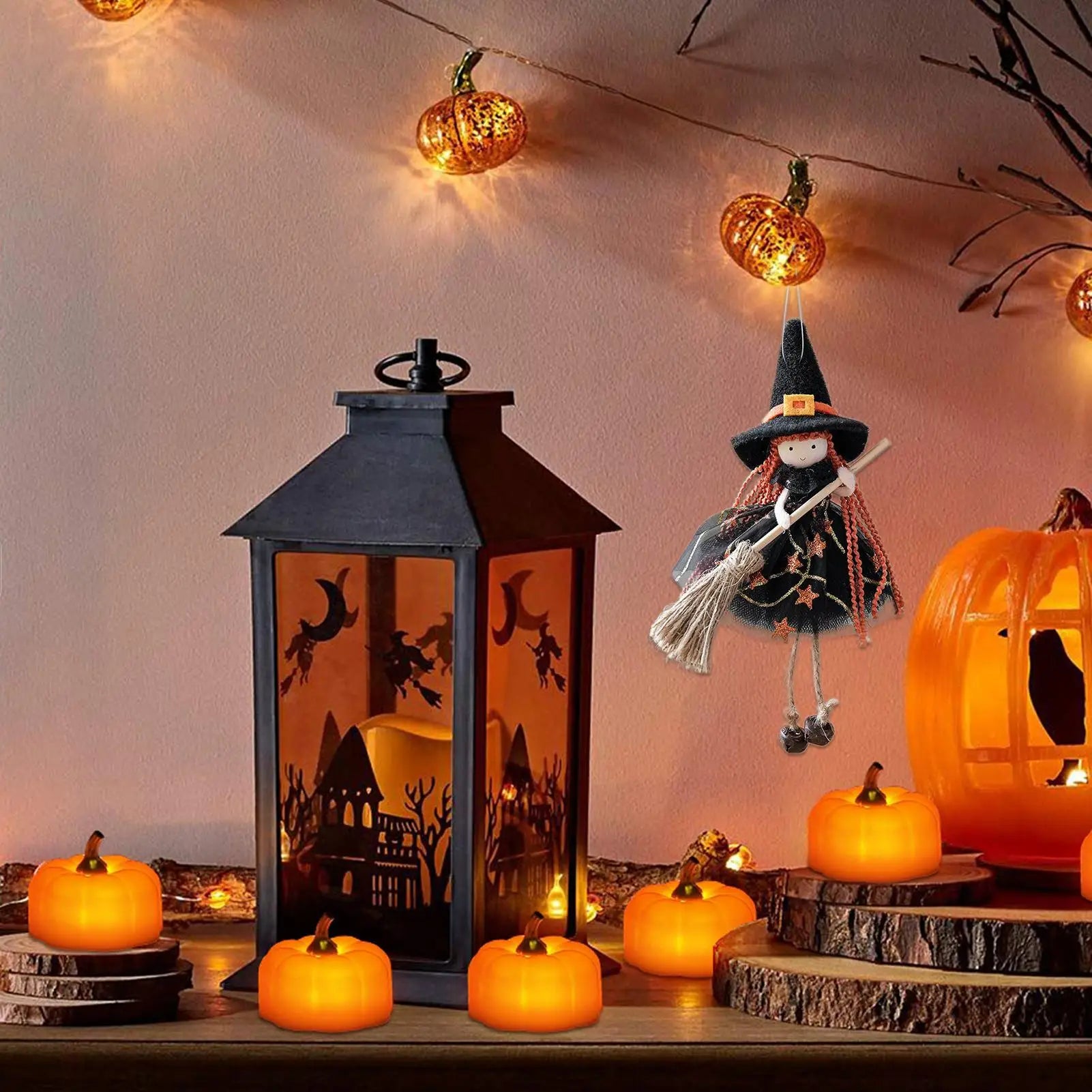Kitchen Witch Halloween Witch Doll Hangable Decoration with Broom Collectible Figurine Ornament Hangable for Kitchen Haunted