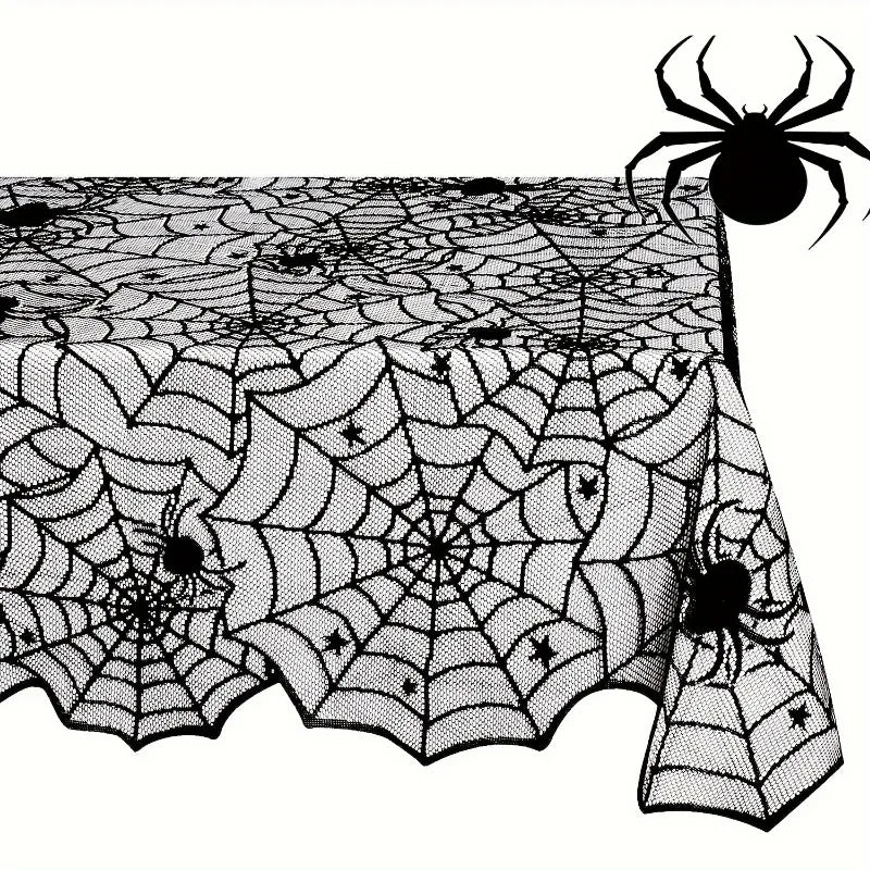 Halloween Spiderweb Tablecloth Black Lace Cobweb Decor with Spiders for Fireplace Mantle Kitchen Party Table Decorations