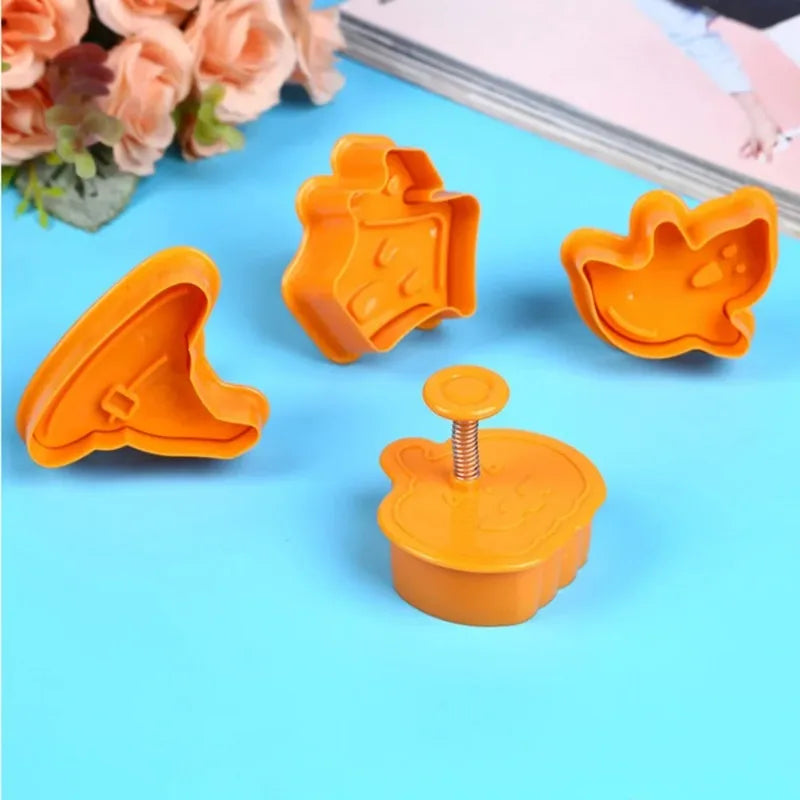 4pcs Halloween Pumpkin Ghost Theme Plastic Cookie Cutter Plunger Fondant Chocolate Mold Cake Decorating Tools