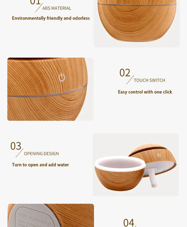 200ml USB Small Ball 7 Colorful Light Bass Noise Reduction Mushroom Humidifier Mini Wood Grain Round Hollow Aroma Diffuser