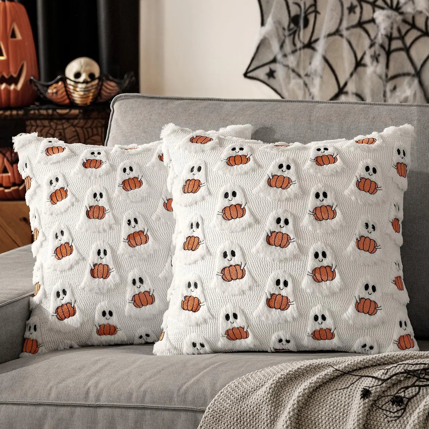Double Sided 3D Embroidery Halloween Little Devil Holding Pumpkin Pillowcase Plush Cushion Holiday Decor Living Room Sofa Pillow
