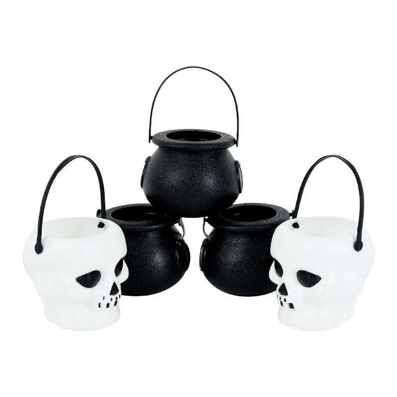 6pcs Halloween Witch Cauldron Candy Jar Trick Or Treat Skull Wizard Pot Cookies Gift Buckets For Kids Halloween Party Home Decor