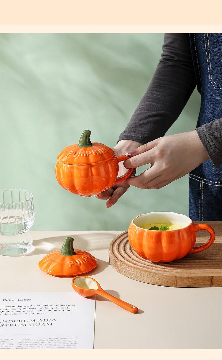 Pumpkin Mug Ceramic Cup with Spoon Halloween Creative with Handle Scalding-proof Cute Style Breakfast Milk Cups Coffee Mug