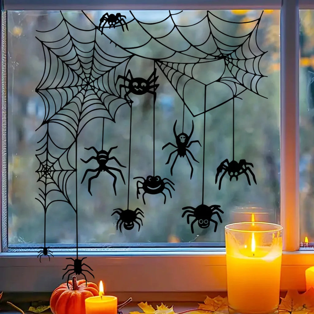 Halloween Wall Sticker Spooky Halloween Door Topper Wall Sticker Set Witch Ghost Black Cat Spiderweb Pumpkin Window for Festive