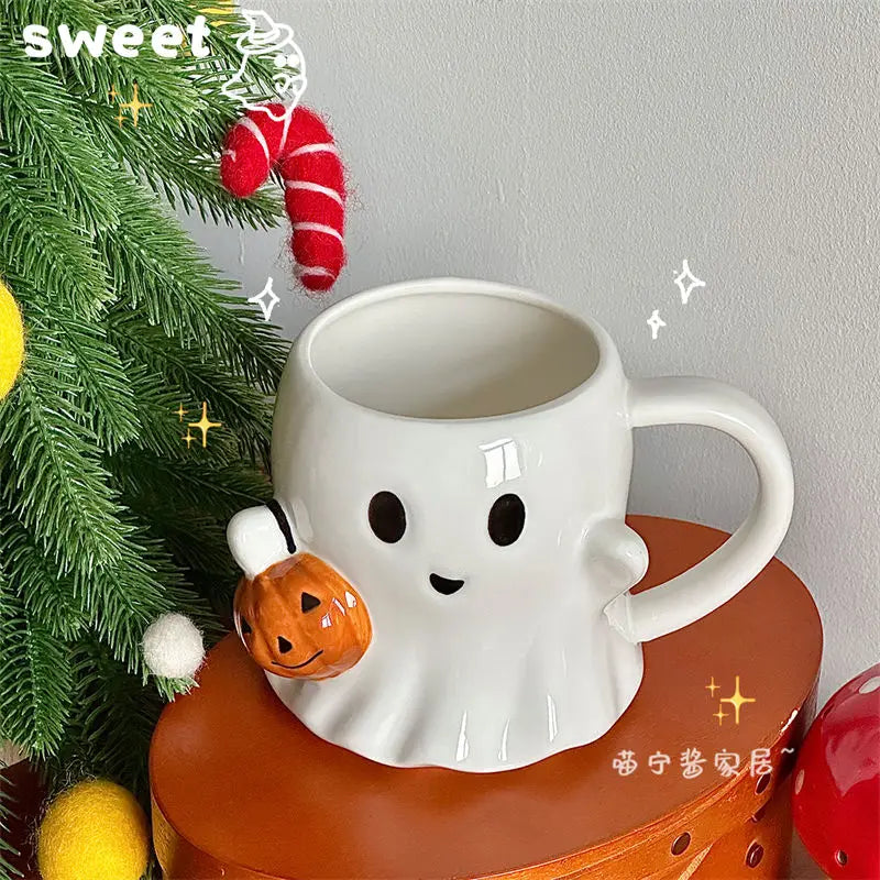 Cute Ghost Water Cup，Creative Pumpkin Ghost Ceramic Mug Afternoon Tea Coffee Cup，Milk Mug Household Drinking Set Halloween Gift