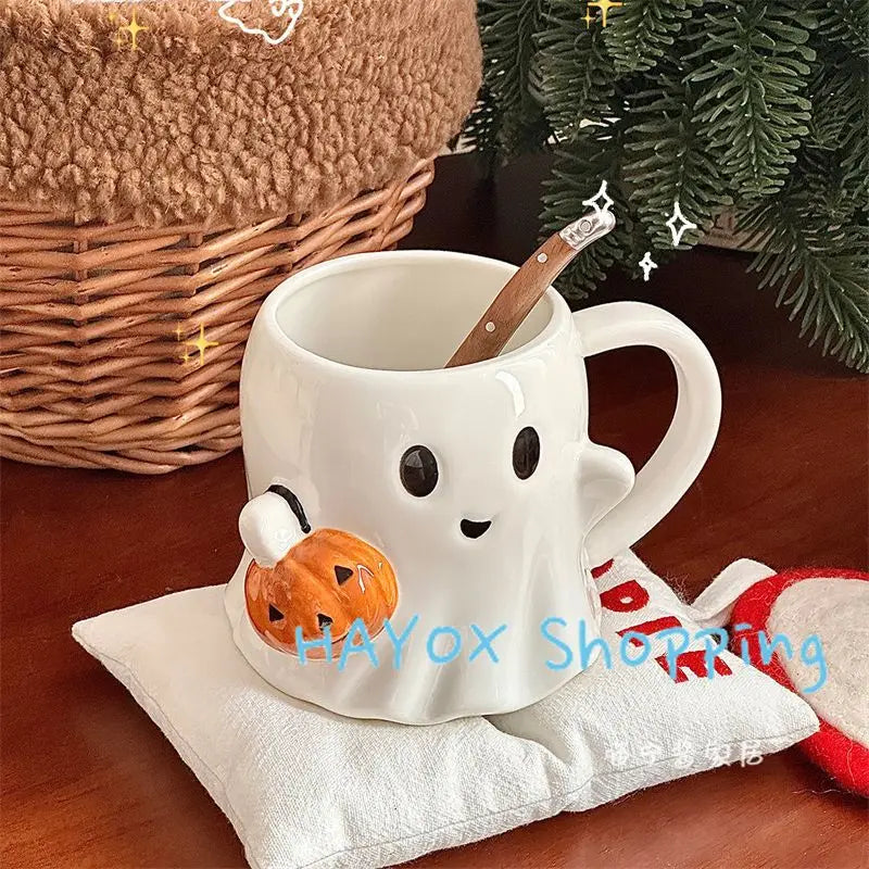 Cute Ghost Water Cup，Creative Pumpkin Ghost Ceramic Mug Afternoon Tea Coffee Cup，Milk Mug Household Drinking Set Halloween Gift