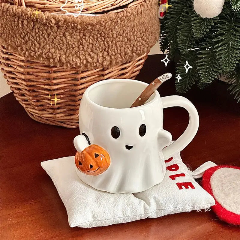 Cute Ghost Water Cup，Creative Pumpkin Ghost Ceramic Mug Afternoon Tea Coffee Cup，Milk Mug Household Drinking Set Halloween Gift