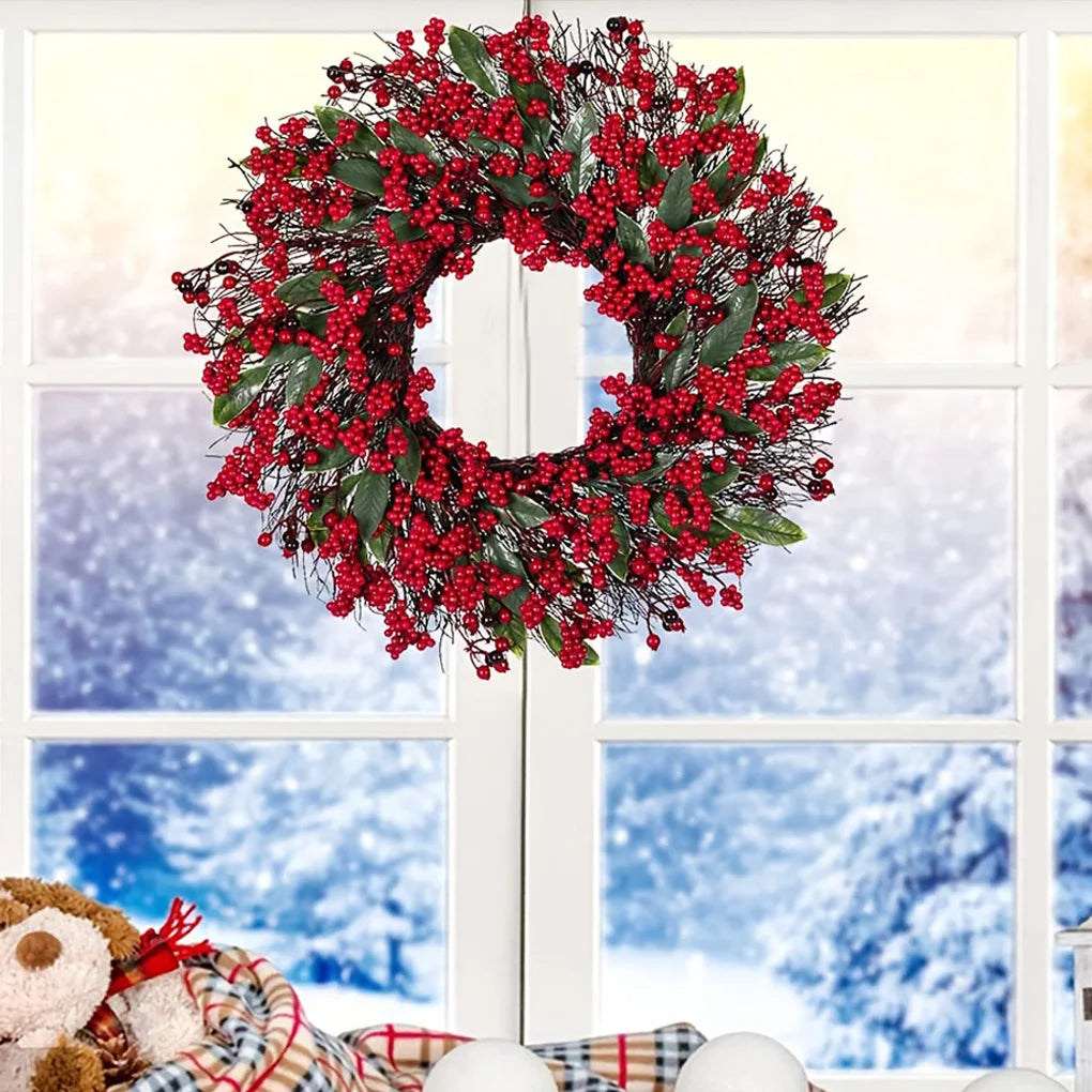 2025 New Christmas Decoration Wreaths for Front Door Handmade Cypress Leaf Red Berry Pine Wreath Xmas Home Wall Window Decor