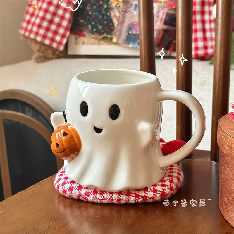 Cute Ghost Water Cup，Creative Pumpkin Ghost Ceramic Mug Afternoon Tea Coffee Cup，Milk Mug Household Drinking Set Halloween Gift