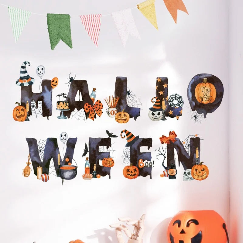 Halloween Letters Wall Stickers Self-adhesive PVC Pumpkin Head Happy Halloween Pattern Wall Decals for Home Festival Decoration
