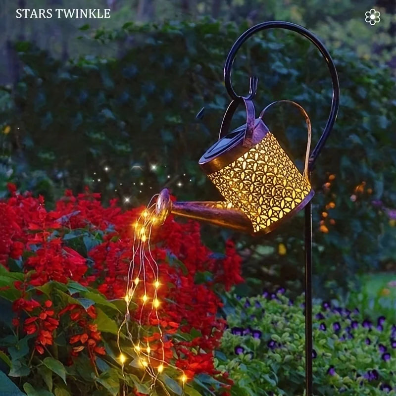 Large Retro Metal Lantern Solar Watering Can Light Outdoor Waterproof Shower Lights Hanging Star LED Fairy for Garden Decoration