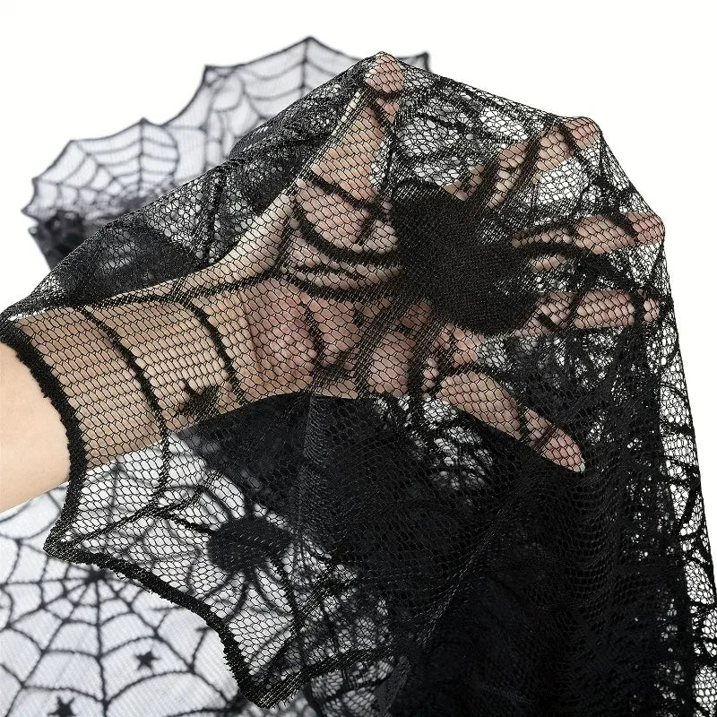 Black Lace Spider Web Tablecloth - Halloween Decoration,Suitable for Fireplace,Fireplace Rack,Kitchen,and Party Table Decoration