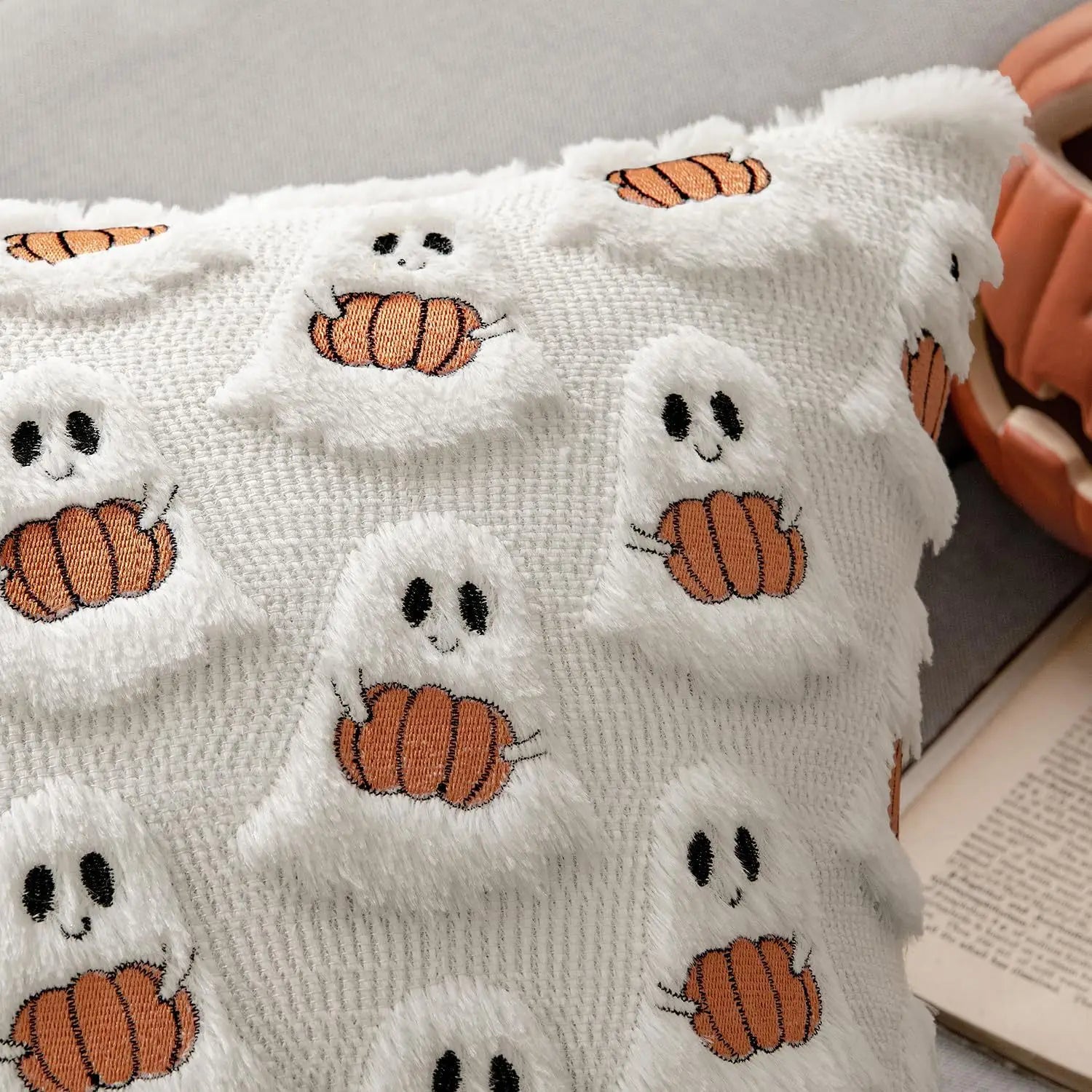 Double Sided 3D Embroidery Halloween Little Devil Holding Pumpkin Pillowcase Plush Cushion Holiday Decor Living Room Sofa Pillow
